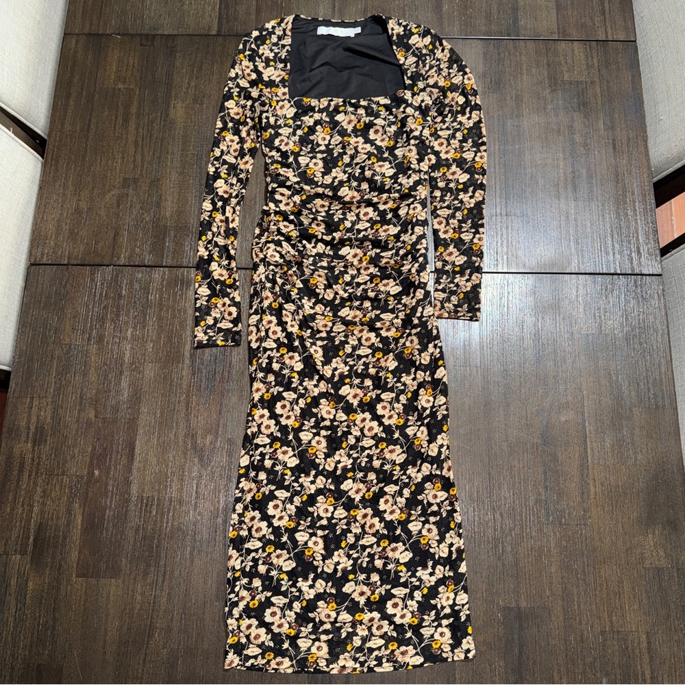 ASTR Hyacinth Square Neck Midi Dress | Romantic Cottagecore Black,Yellow Gold XS